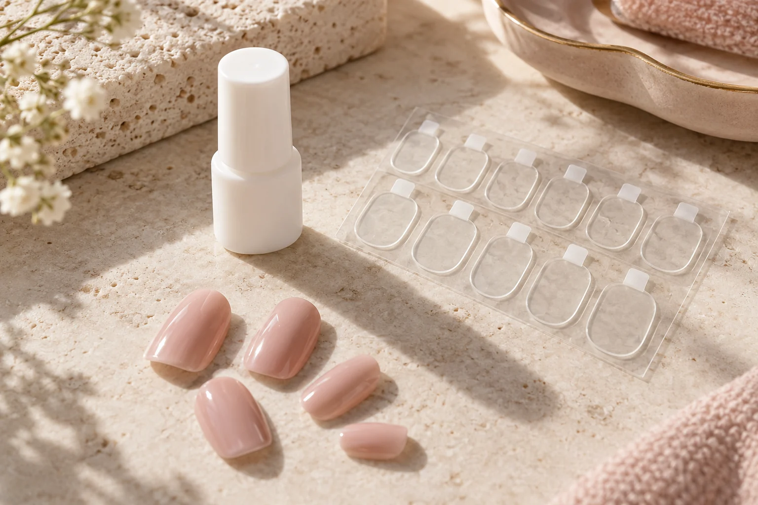 AI illustration of a closed nail-glue bottle, adhesive tabs and loose press-on tips