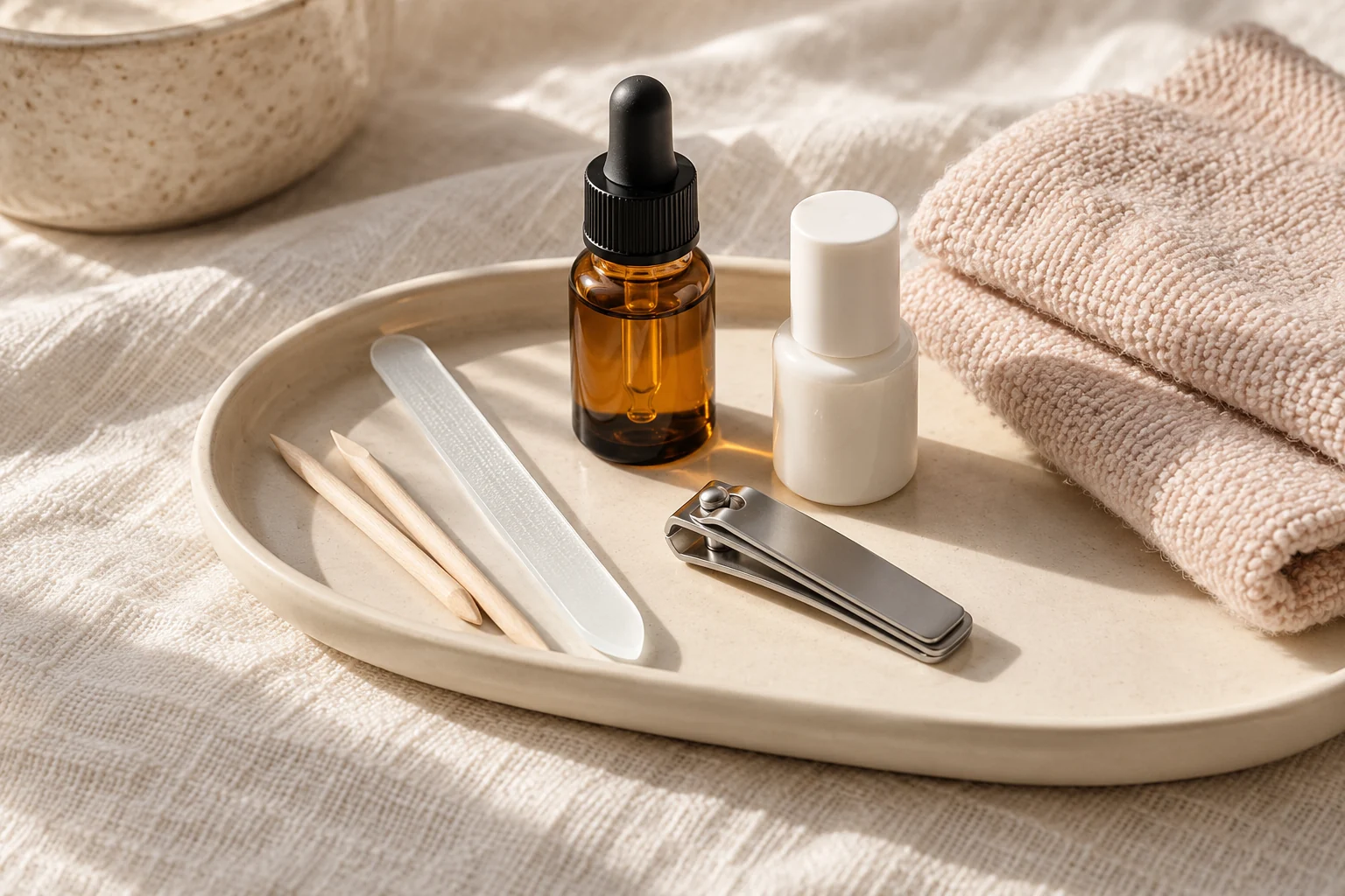 AI illustration of a compact home manicure kit with a file, clippers and care supplies
